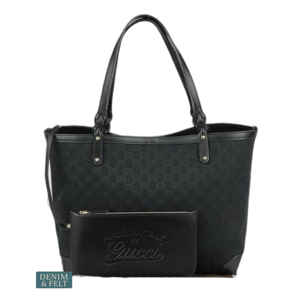 Gucci Monogram Medium Craft Tote Black GG Canvas Leather Trim Shoulder Bag Pouch